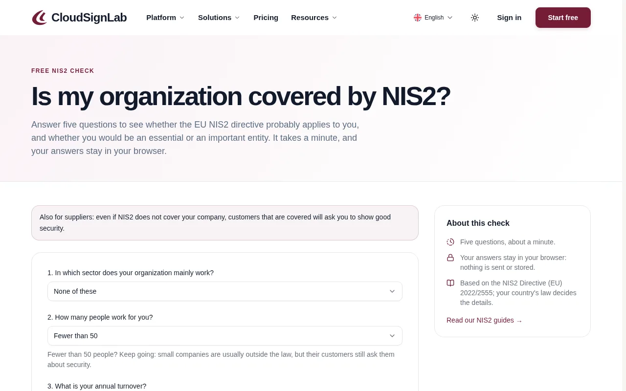 The free NIS2 check on cloudsignlab.com