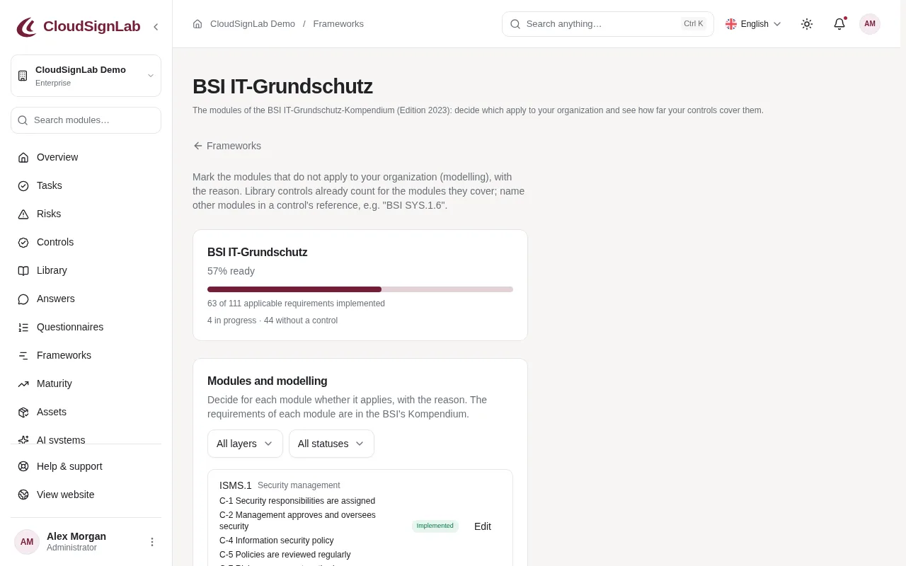 La página BSI IT-Grundschutz con la preparación y la lista de módulos