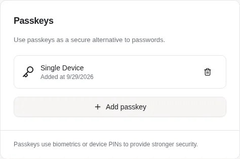 The Passkeys card with one passkey added
