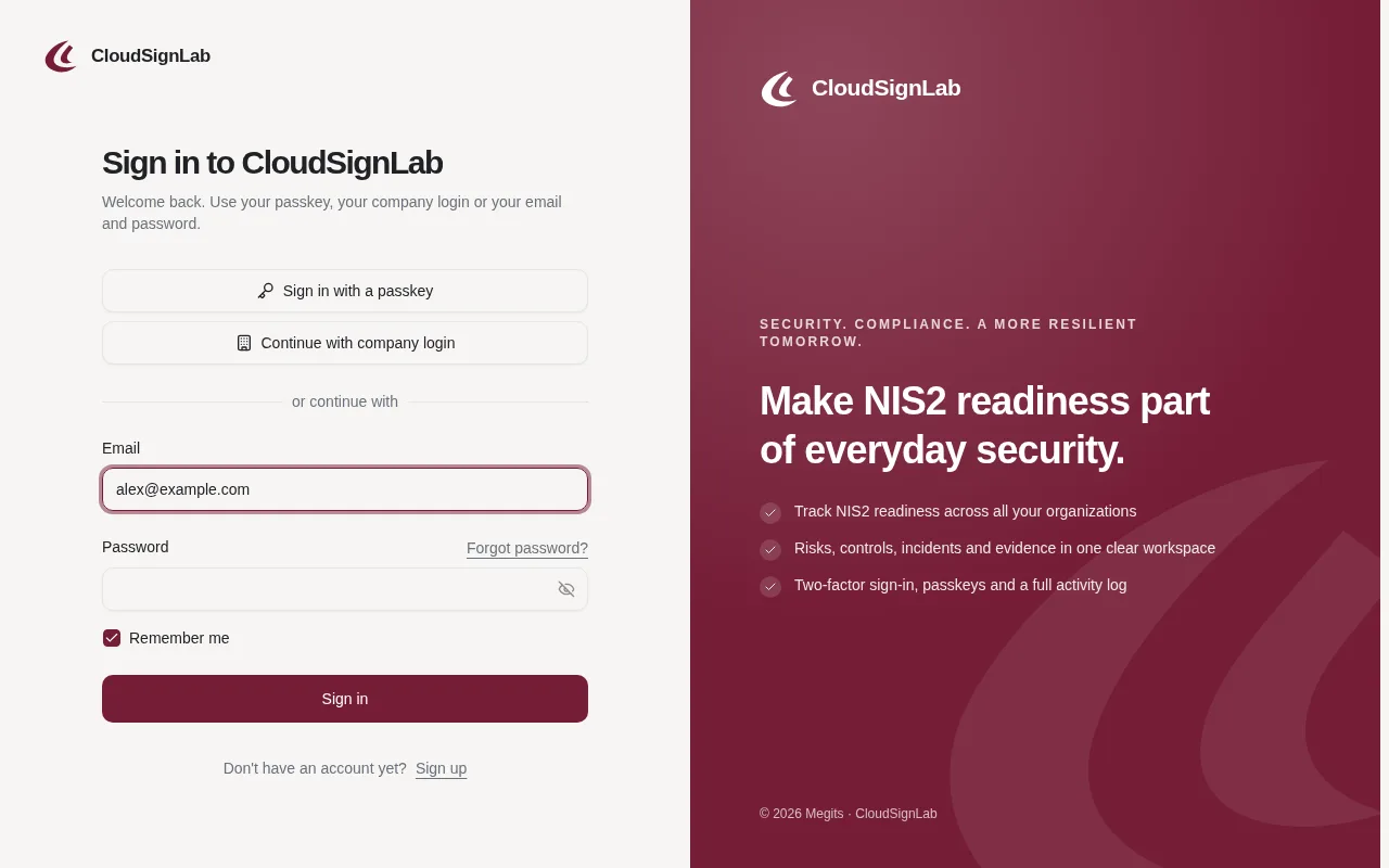 The sign-in page with passkey, company login and password