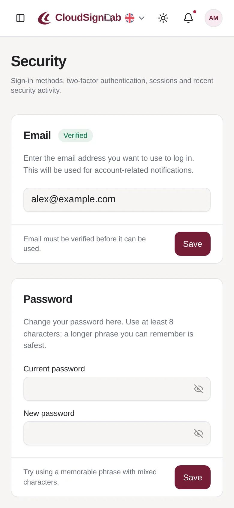 The Security page on a phone